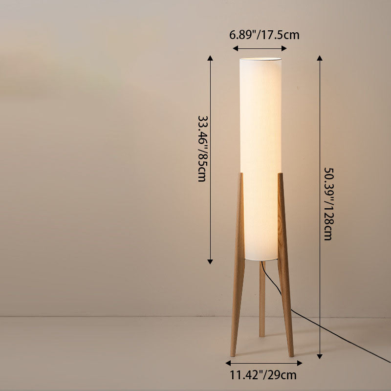 Traditional Chinese Fabric Cylinder Shade Wood Tripod 1-Light Standing Floor Lamp For Study