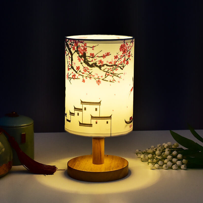 Modern Minimalist Fabric Column Landscape Wood LED Table Lamp