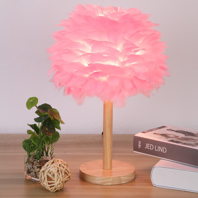 Lampe de table moderne et créative à 1 lumière en bois massif avec plumes décoratives 