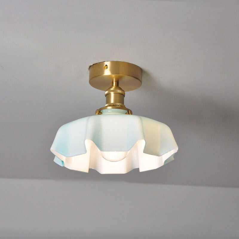 Japanese Vintage Cream Glass Floral Brass 1-Light Semi-Flush Mount Ceiling Light