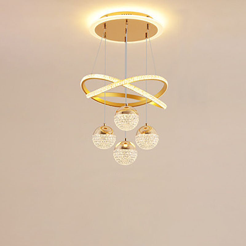 Moderner luxuriöser LED-Kronleuchter aus Acryl und Eisen mit Kugeln und geschwungener Form für das Wohnzimmer 