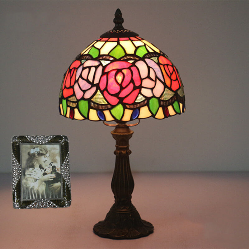 Lámpara de Mesa Retro Tiffany Flor de Rosa en Vidrio de Colores con 1 Luz 