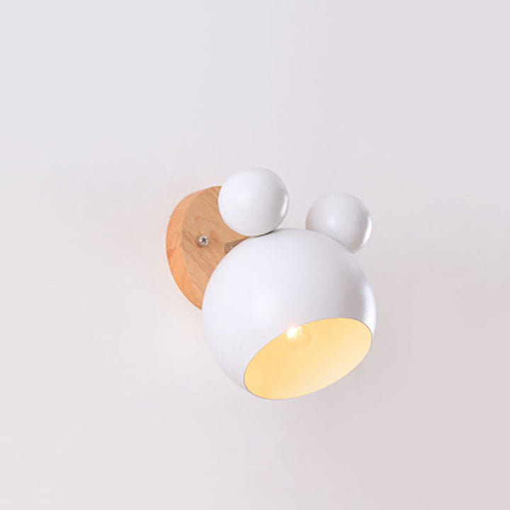 Contemporary Nordic Kids Cartoon Iron Solid Wood Bear Dome 1-Light Wall Sconce Lamp For Bedroom