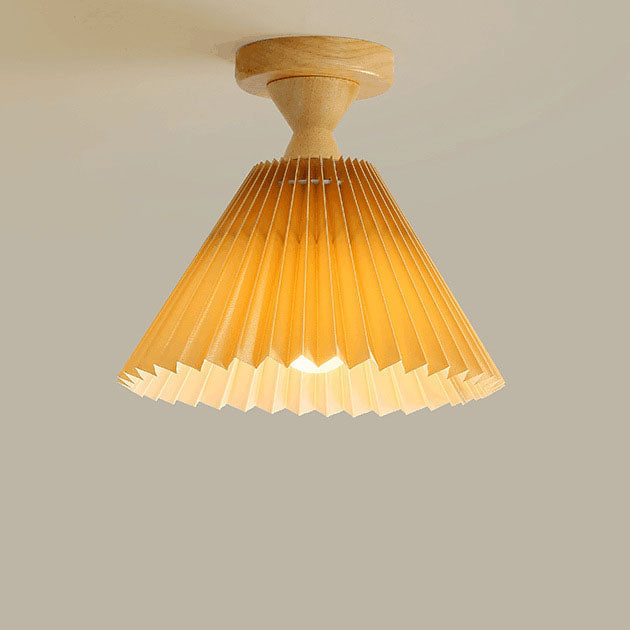 Japanese Simple Log Pleated Umbrella Cone 1-Light Semi-Flush Mount Ceiling Light