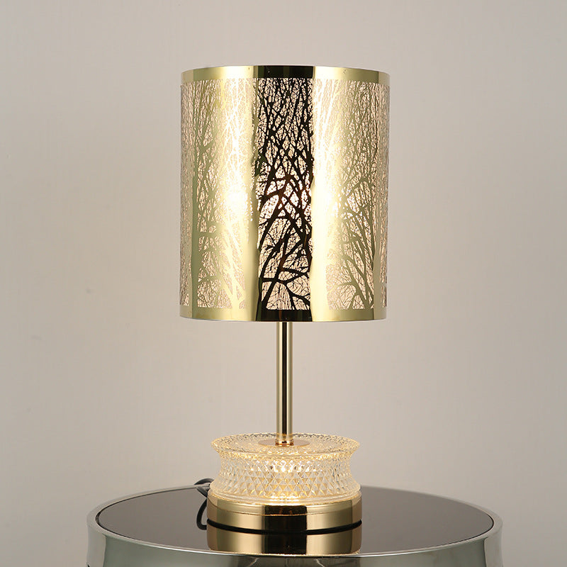 Modern Luxury Stainless Steel Column Carved Acrylic 1-Light Table Lamp