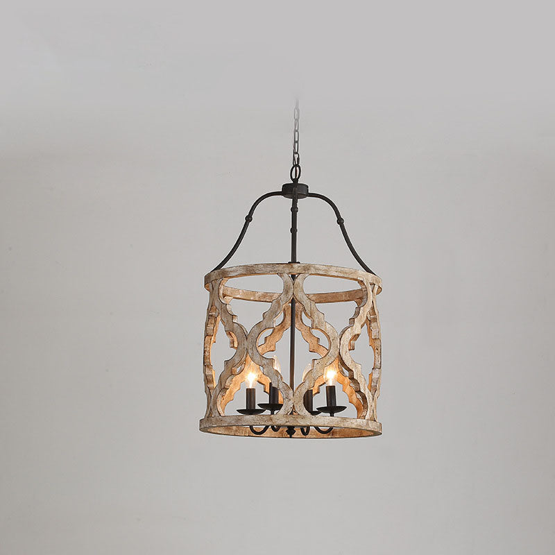 Lámpara de araña tradicional vintage de madera maciza y hierro con jaula cilíndrica hueca de 4 luces para sala de estar 