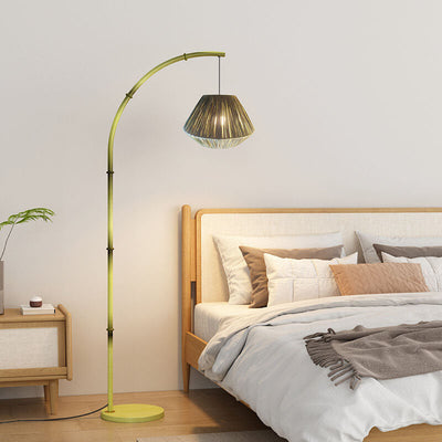 Vintage Minimalist Fabric Oval Faux Bamboo Long Pole 1-Light Standing Floor Lamp