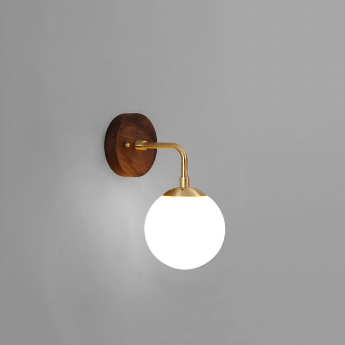 Contemporary Nordic Walnut Brass Glass Round Orb 1-Light Wall Sconce Lamp for Living Room