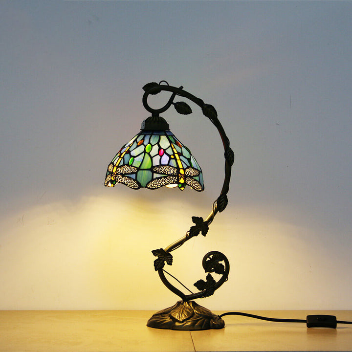 Traditional European Dragonfly Stained Glass Resin Vine 1-Light Table Lamp for Bedroom