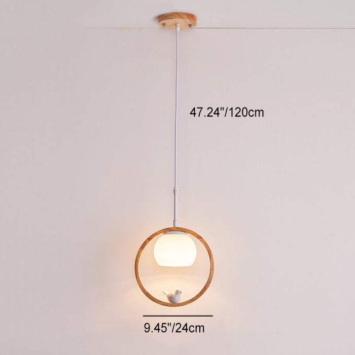 Moderne nordische Pendelleuchte mit Glas, Kautschukholz-Ring und Vogel-Design, 1-flammig, für das Wohnzimmer 
