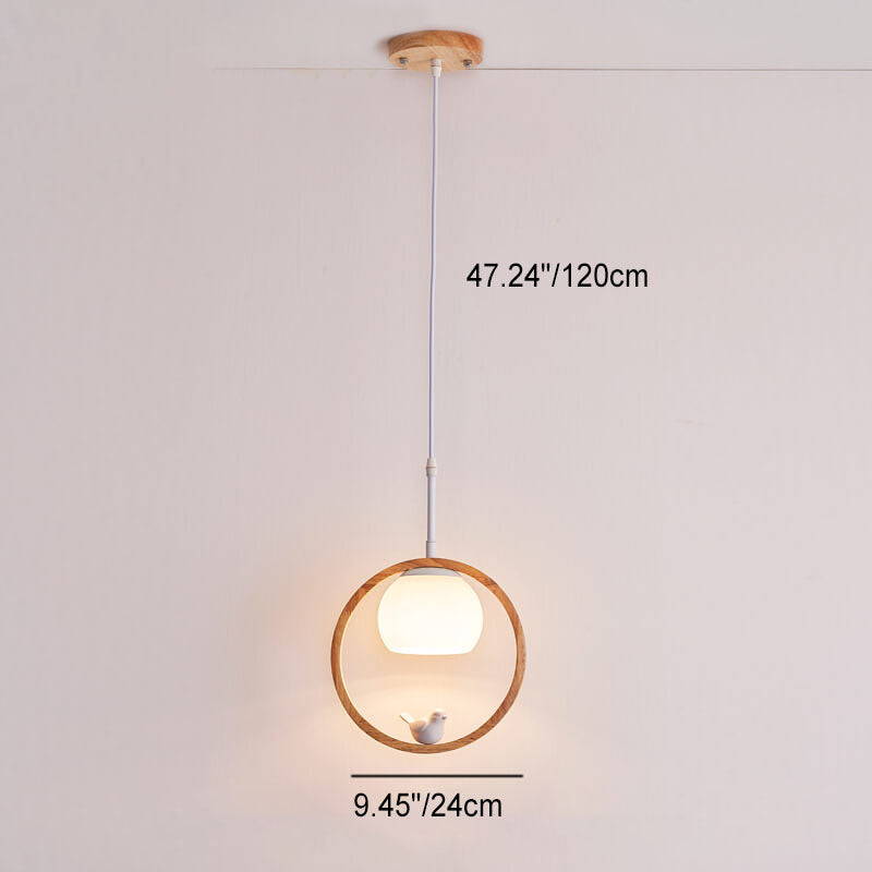 Nordic Minimalist Glass Wood Ring Bird Design 1-Light Pendant Light