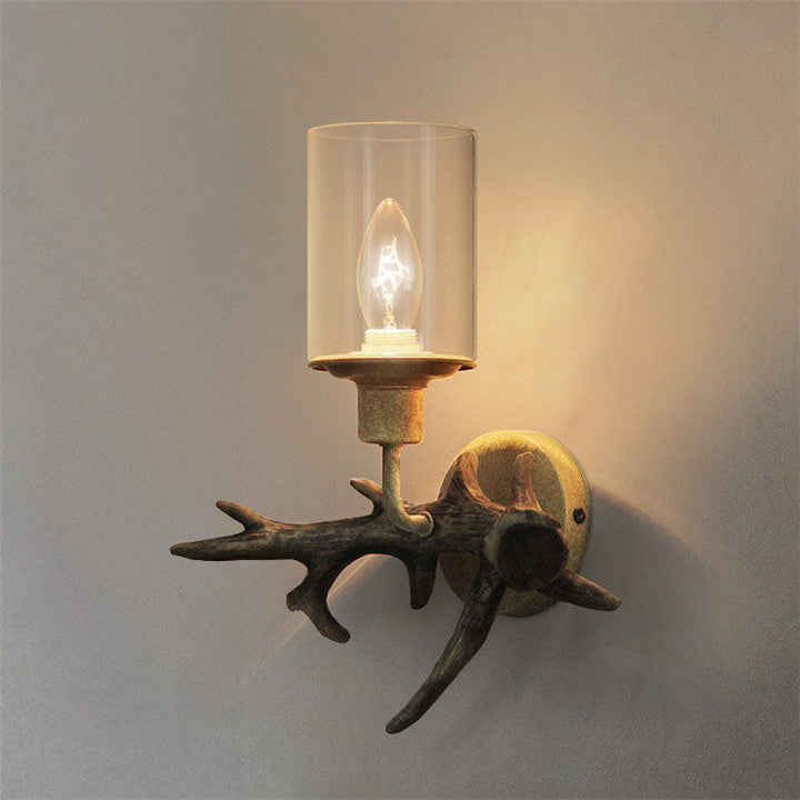 Contemporary Industrial Antler Resin Glass Cylinder 1-Light Wall Sconce Lamp For Living Room &amp; Bedroom