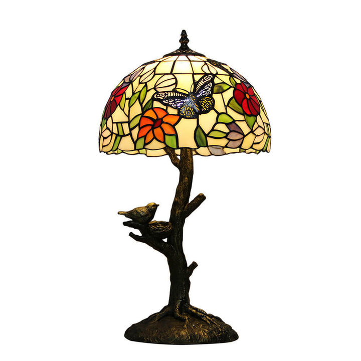 Lampe de table à 1 lumière en verre teinté avec design de papillon et rose Art Tiffany 