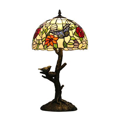 Lampe de table à 1 lumière en verre teinté avec design de papillon et rose Art Tiffany 