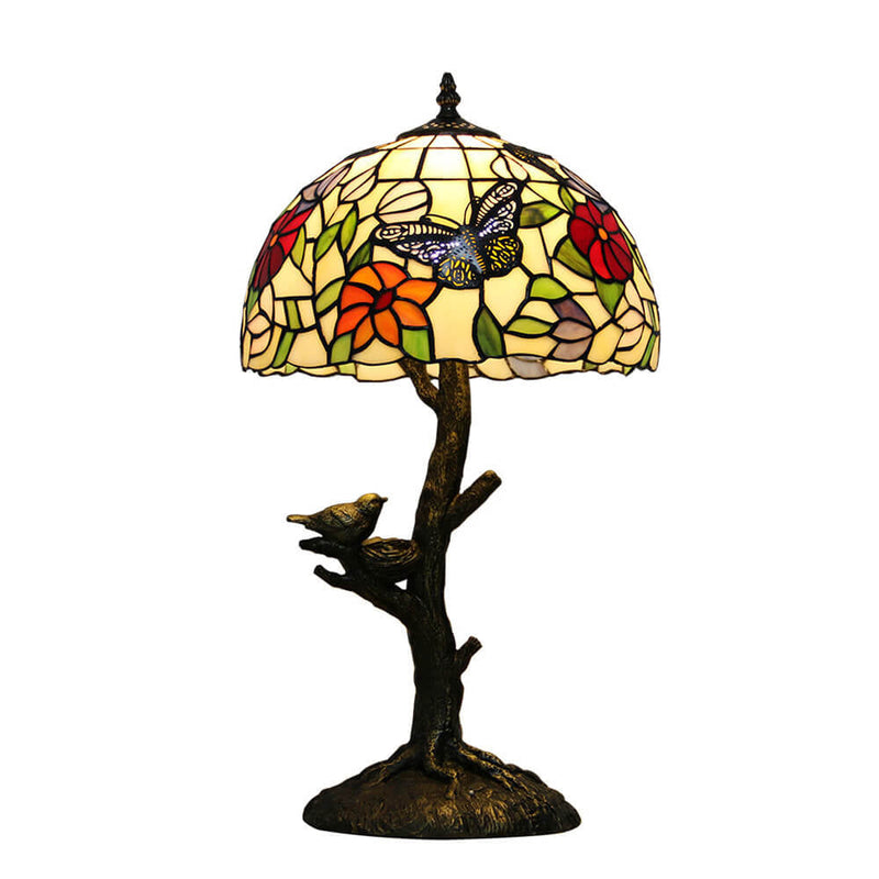 Lampe de table à 1 lumière en verre teinté avec design de papillon et rose Art Tiffany 