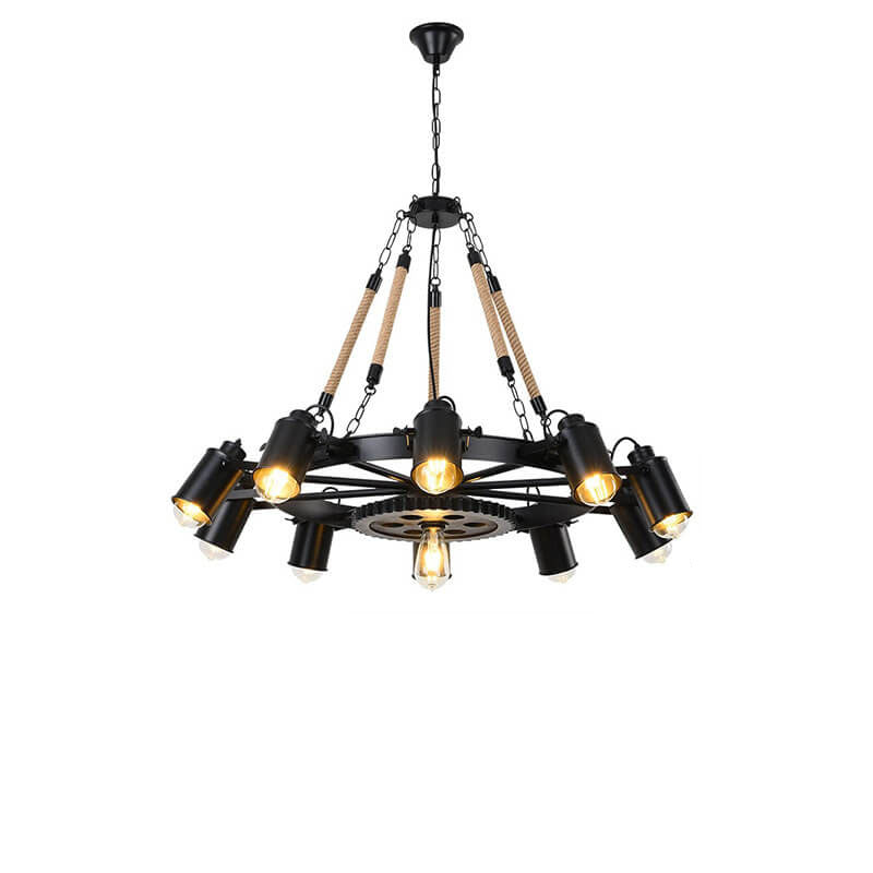 Zeitgenössischer industrieller Retro-Kronleuchter aus Schmiedeeisen und Hanfseil im Zahnrad-Design mit 7/9/11 Flammen für das Wohnzimmer 