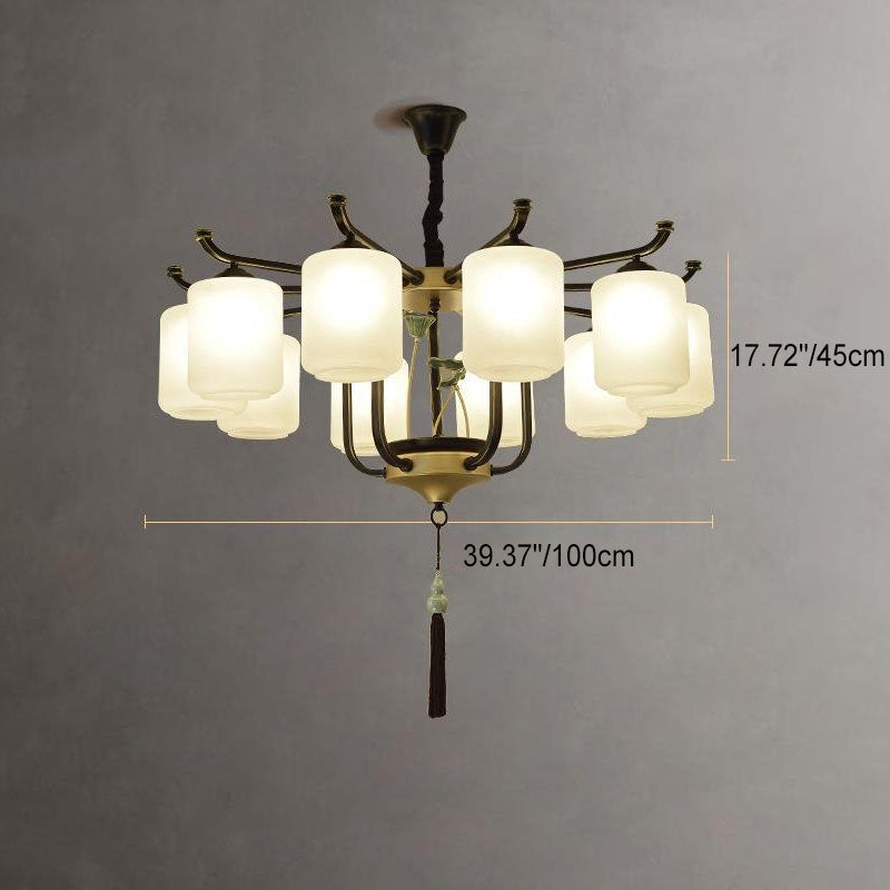 Traditioneller chinesischer Eisenrahmen Zylinder Glasschirm 6/8/10/12-Licht Kronleuchter für Wohnzimmer 