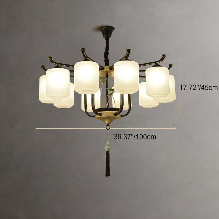 Traditioneller chinesischer Eisenrahmen Zylinder Glasschirm 6/8/10/12-Licht Kronleuchter für Wohnzimmer 