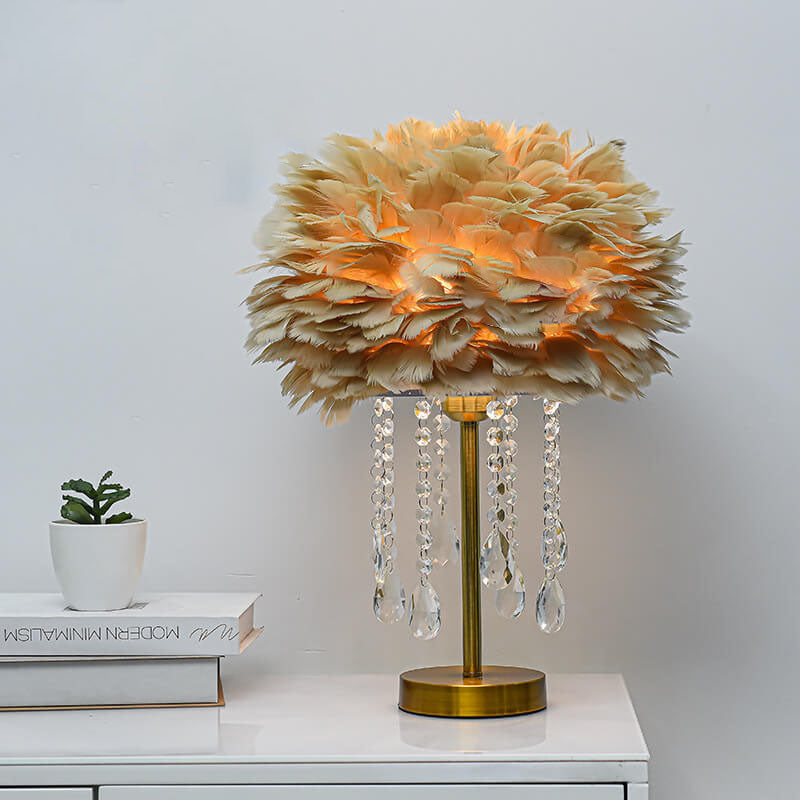 Modern Minimalist Feather Round Crystal Beads 1-Light Table Lamp For Bedroom