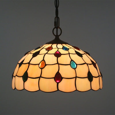 Tiffany European Gemstone Stained Glass Round 1-Light Pendant Light