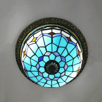 Traditional Vintage Mediterranean Stained Glass Dome 3-Light Flush Mount Ceiling Light For Living Room