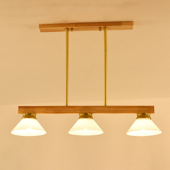 Lámpara de Araña de Isla de 3/4 Luces con Pantalla de Vidrio Cónica de Madera Maciza Nórdica 