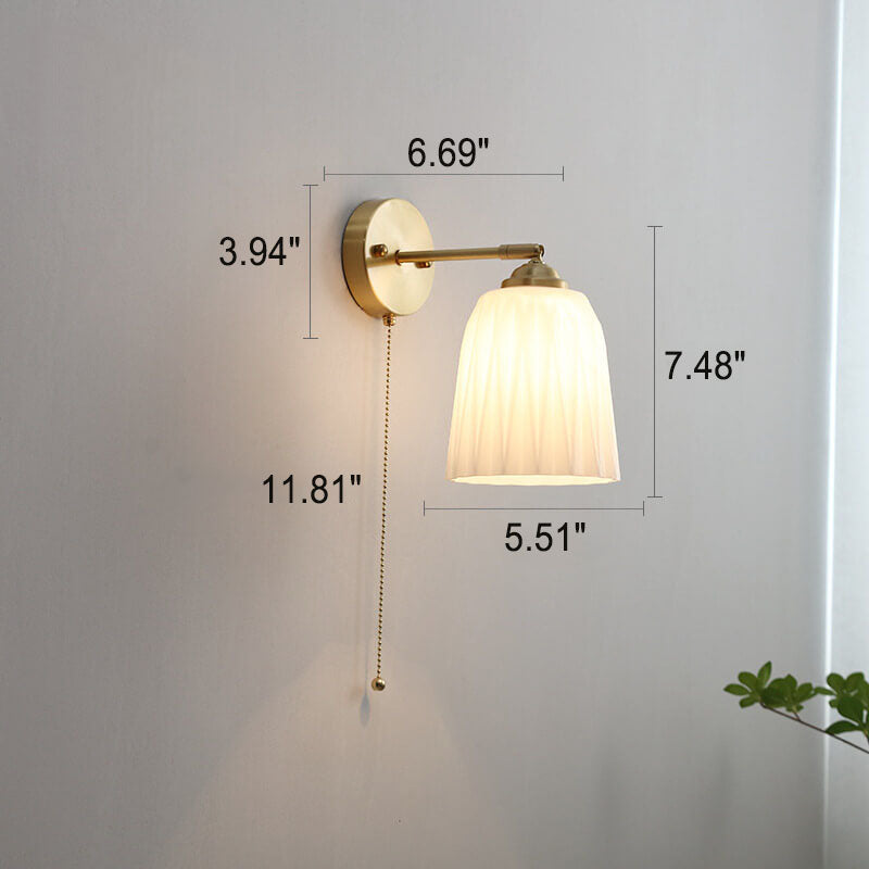 Nordic Striped Milk White Glass Brass 1-Light Pull Cord Wall Sconce Lamp
