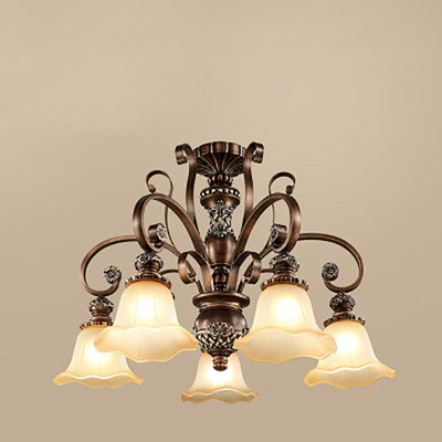 Traditional Vintage Bronze Finish Frame Glass Shade 1/3/5-Light Chandelier For Living Room