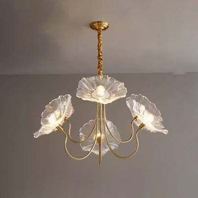 Cadre à Finition Dorée Art Déco Moderne avec Abat-jour en Verre Feuille de Lotus, Lustre 3/6 Lumières pour Salon 