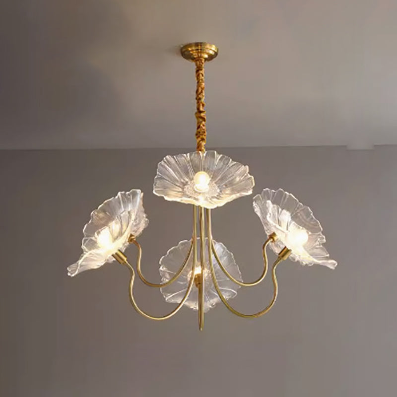 Cadre à Finition Dorée Art Déco Moderne avec Abat-jour en Verre Feuille de Lotus, Lustre 3/6 Lumières pour Salon 