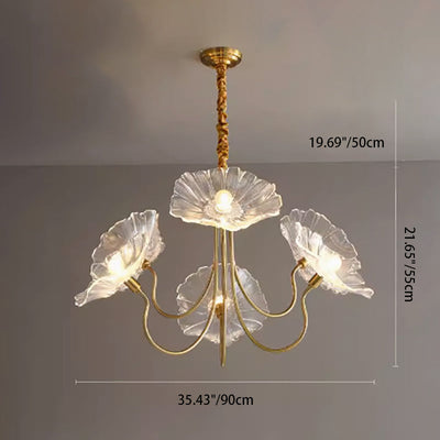 Cadre à Finition Dorée Art Déco Moderne avec Abat-jour en Verre Feuille de Lotus, Lustre 3/6 Lumières pour Salon 