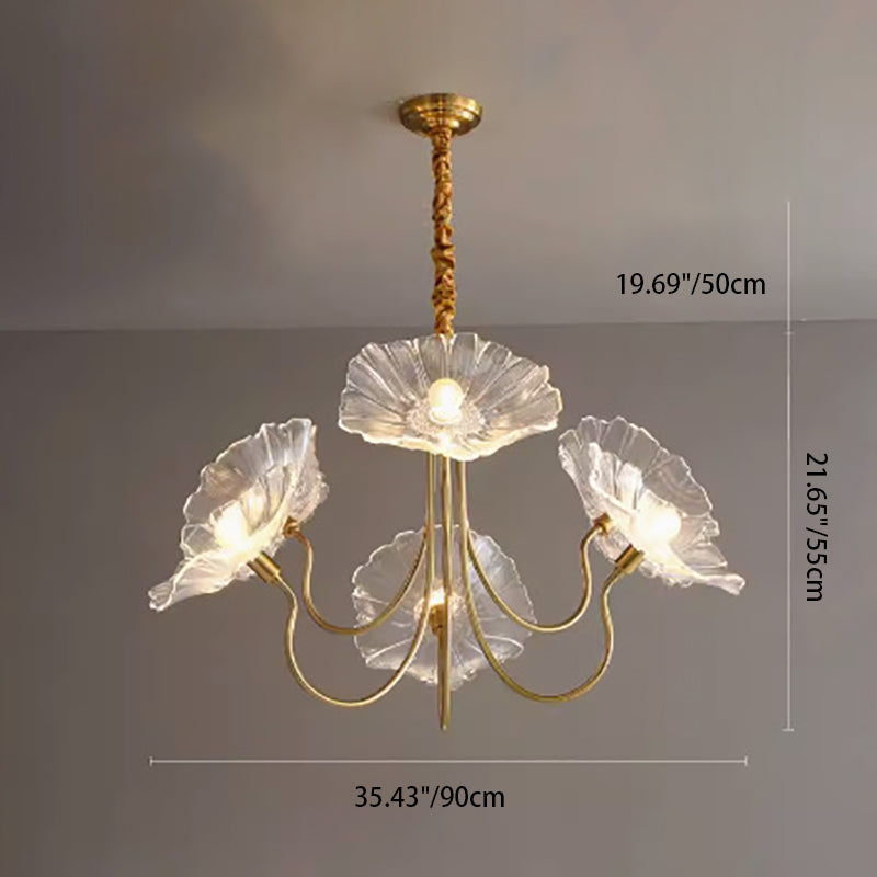 Cadre à Finition Dorée Art Déco Moderne avec Abat-jour en Verre Feuille de Lotus, Lustre 3/6 Lumières pour Salon 