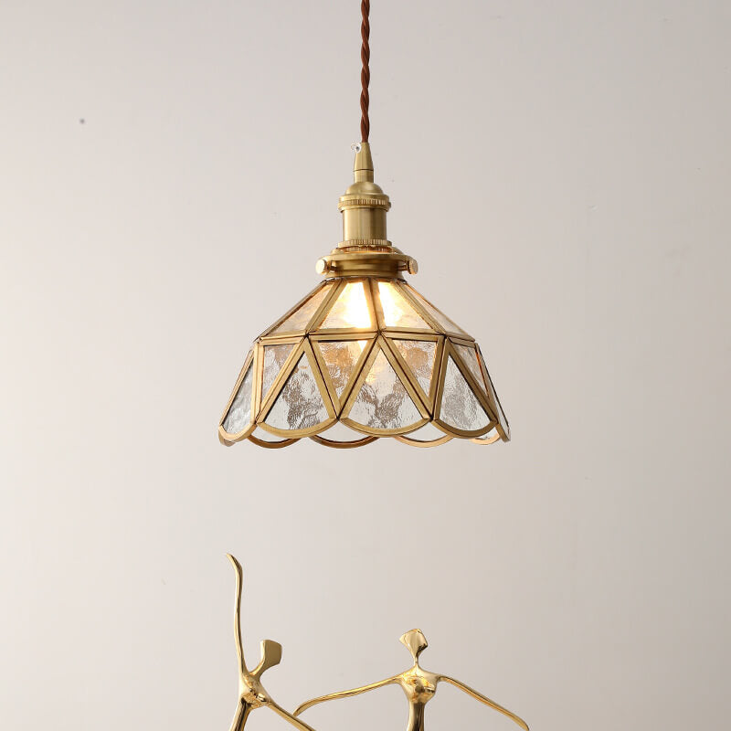 Contemporary Nordic Water Pattern Glass Copper Geometric Cone Brass 1-Light Pendant Light For Living Room