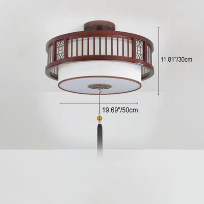 Traditional Chinese Solid Wooden Fabric Lantern Shade 1/3-Light Chandelier For Living Room