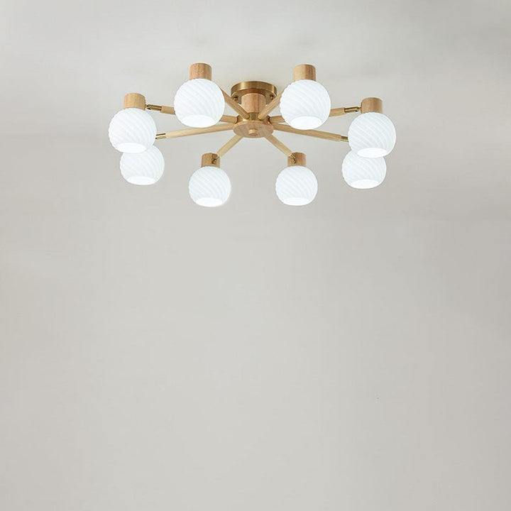 Plafón de techo tradicional japonés Wabi-sabi de madera de caucho, herrajes y vidrio de 3/6/8 luces para sala de estar 