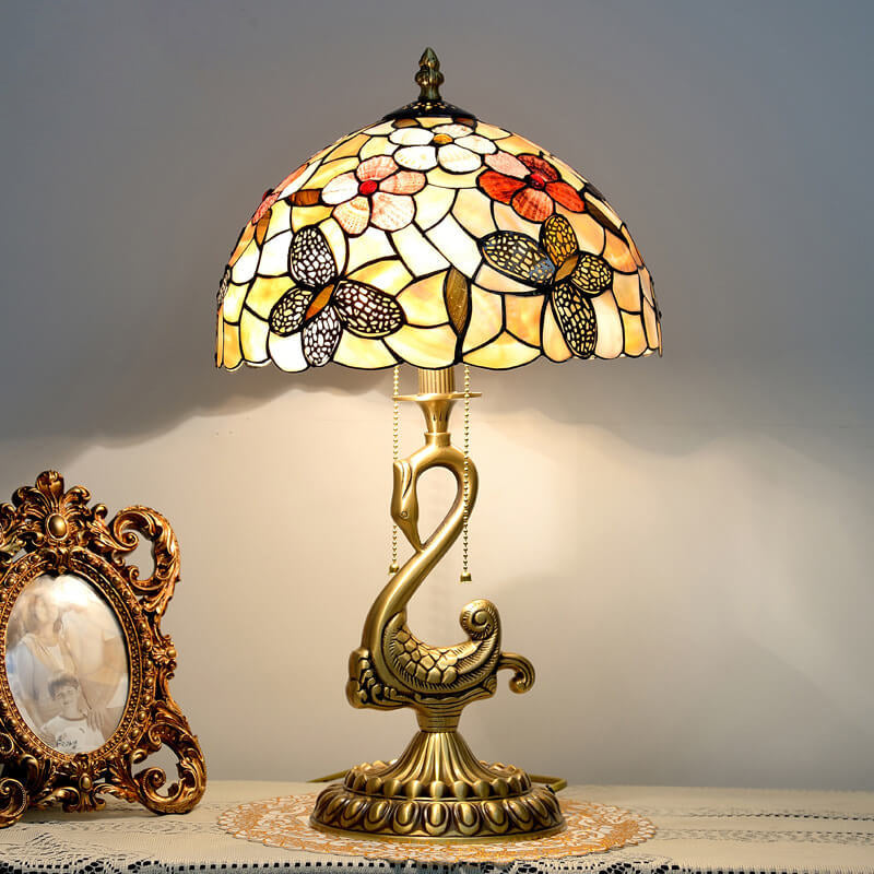 Tiffany Vintage Floral Stained Glass Swan 2-Light Table Lamp