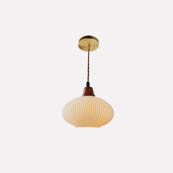 Japanese Vintage Pleated Ceramic Round Dome Wood 1-Light Pendant Light