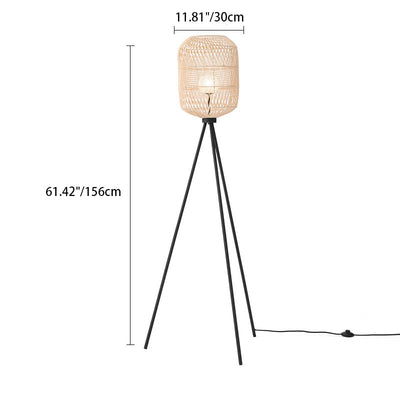 Contemporary Boho Rattan Weaving Cage Iron Frame 1-Light Standing Floor Lamp For Home Office