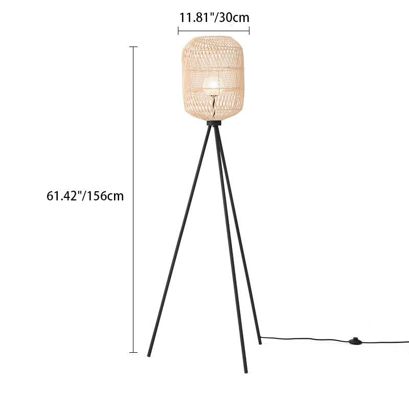 Contemporary Boho Rattan Weaving Cage Iron Frame 1-Light Standing Floor Lamp For Home Office