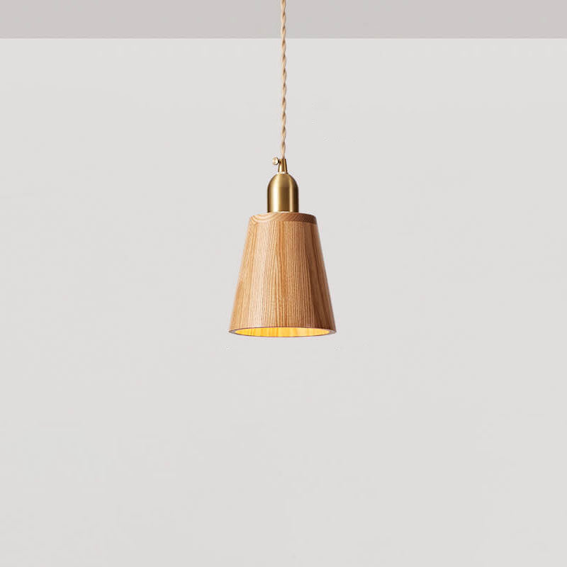 Traditional Vintage Ash Wood Walnut Geometric Round Cone Brass 1-Light Pendant Light for Living Room