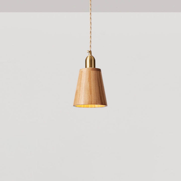 Traditional Vintage Ash Wood Walnut Geometric Round Cone Brass 1-Light Pendant Light for Living Room