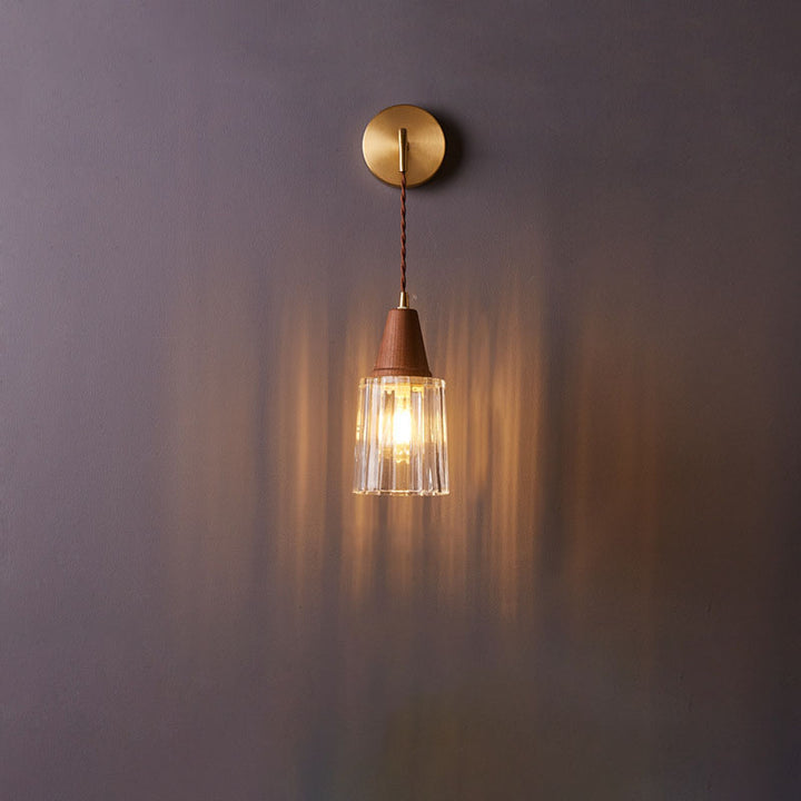 Traditional Japanese Walnut Glass  Copper Cylinder 1-Light Wall Sconce Lamp