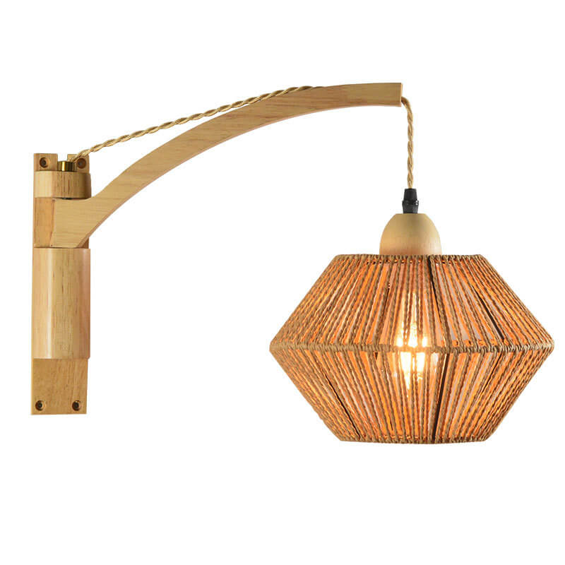 Traditionelle Vintage-Wandleuchte mit Seilgeflecht, Bambus, Massivholz und Laternenkäfig, 1-flammig, für das Wohnzimmer 