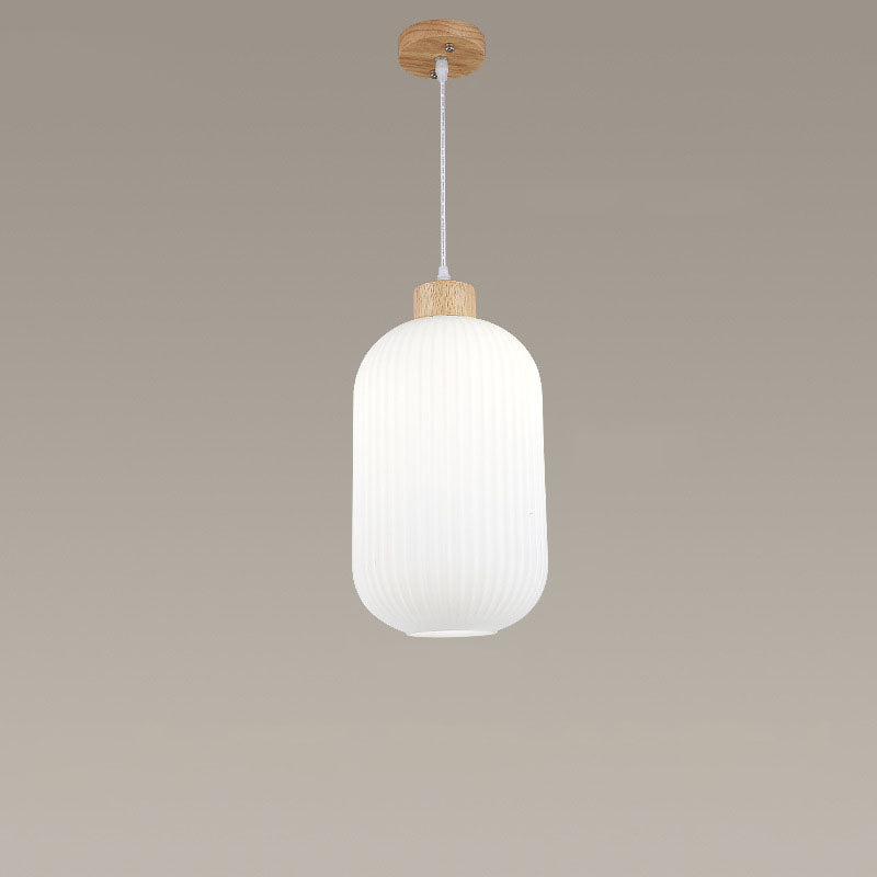 Modern Minimalist Striped Glass Rubberwood Oval Jar 1-Light Pendant Light for Living Room