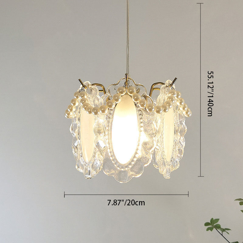Traditional French Feather Pearl Petal Hardware Glass 1-Light Pendant Light For Bedroom