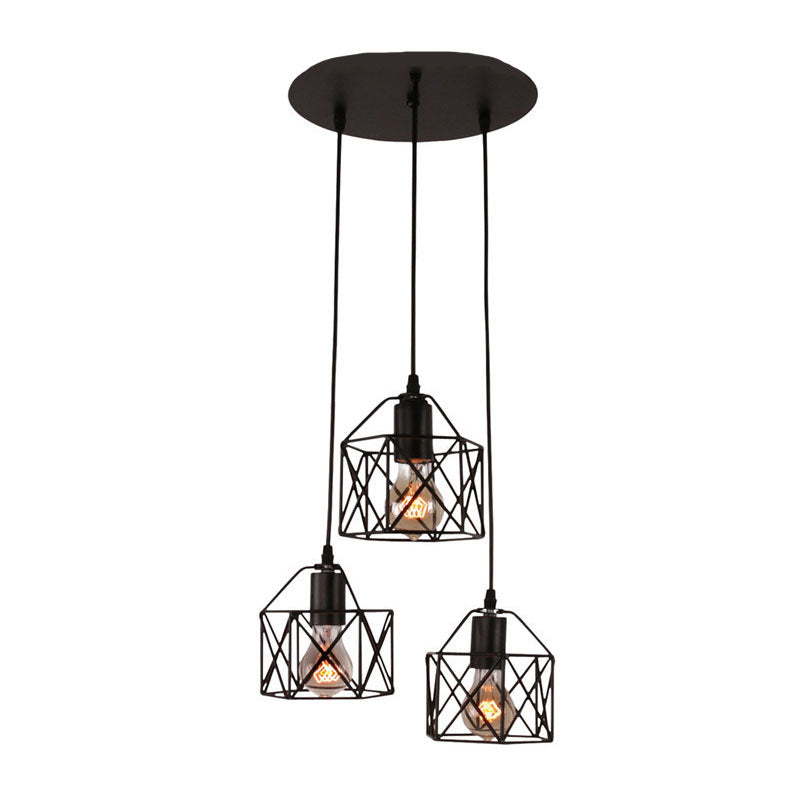 Industrielle einfache Geometrie Käfig Eisen 1/3 Licht Insel Licht Kronleuchter 