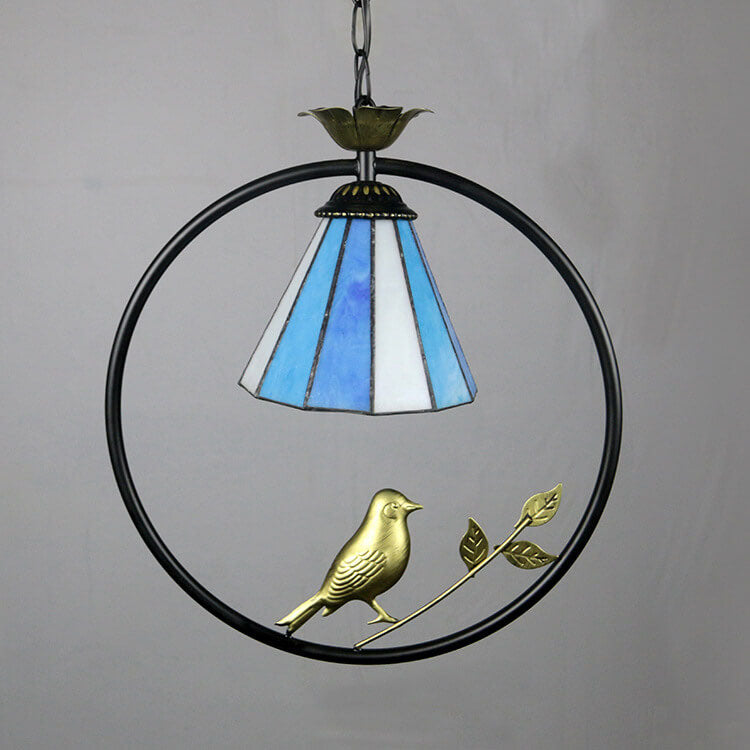 Vintage Tiffany Round Iron Stained Glass Bird 1-Light Pendant Light