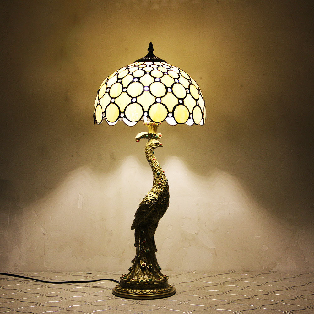 Lampe de table vintage Tiffany Peacock Gem Dome en résine et verre à 1 lumière 