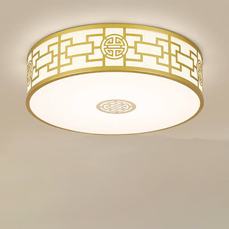 Traditional Chinese Round Fabric Drum LED Flush Mount Ceiling Light For Living Room