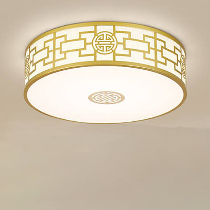 Traditional Chinese Round Fabric Drum LED Flush Mount Ceiling Light For Living Room